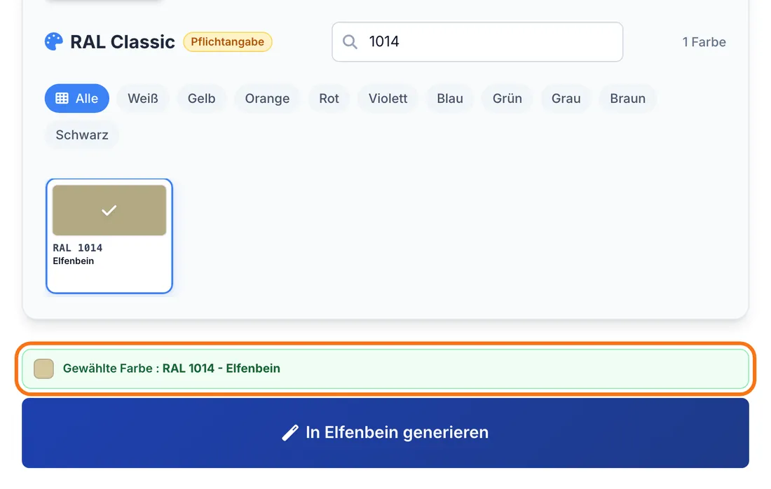 Der angeklickte Farbton unter „Gewählte Farbe“