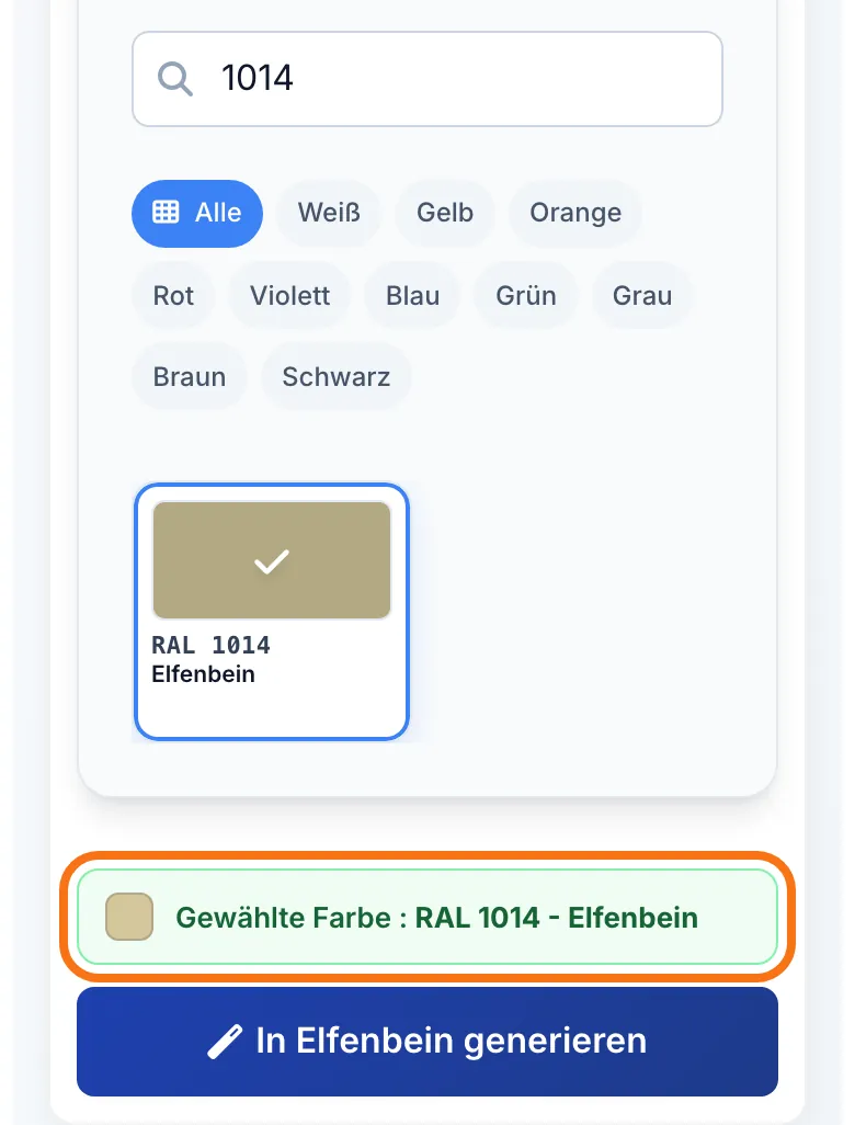 Der angeklickte Farbton unter „Gewählte Farbe“
