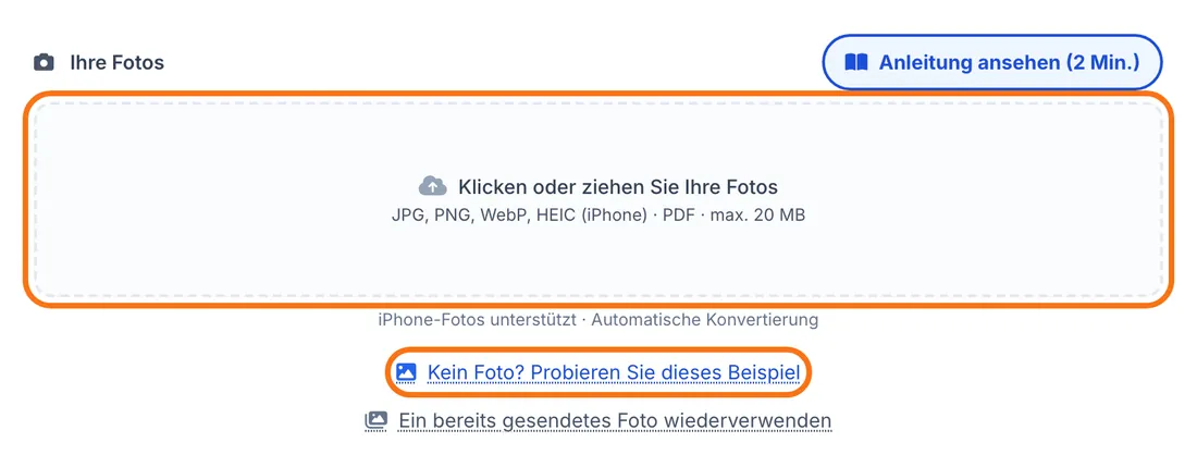 Der Bereich „Klicken oder ziehen Sie Ihre Fotos“ und die Beispielfoto-Schaltfläche