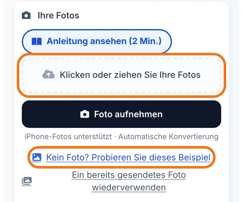 Der Bereich „Klicken oder ziehen Sie Ihre Fotos“ und die Beispielfoto-Schaltfläche