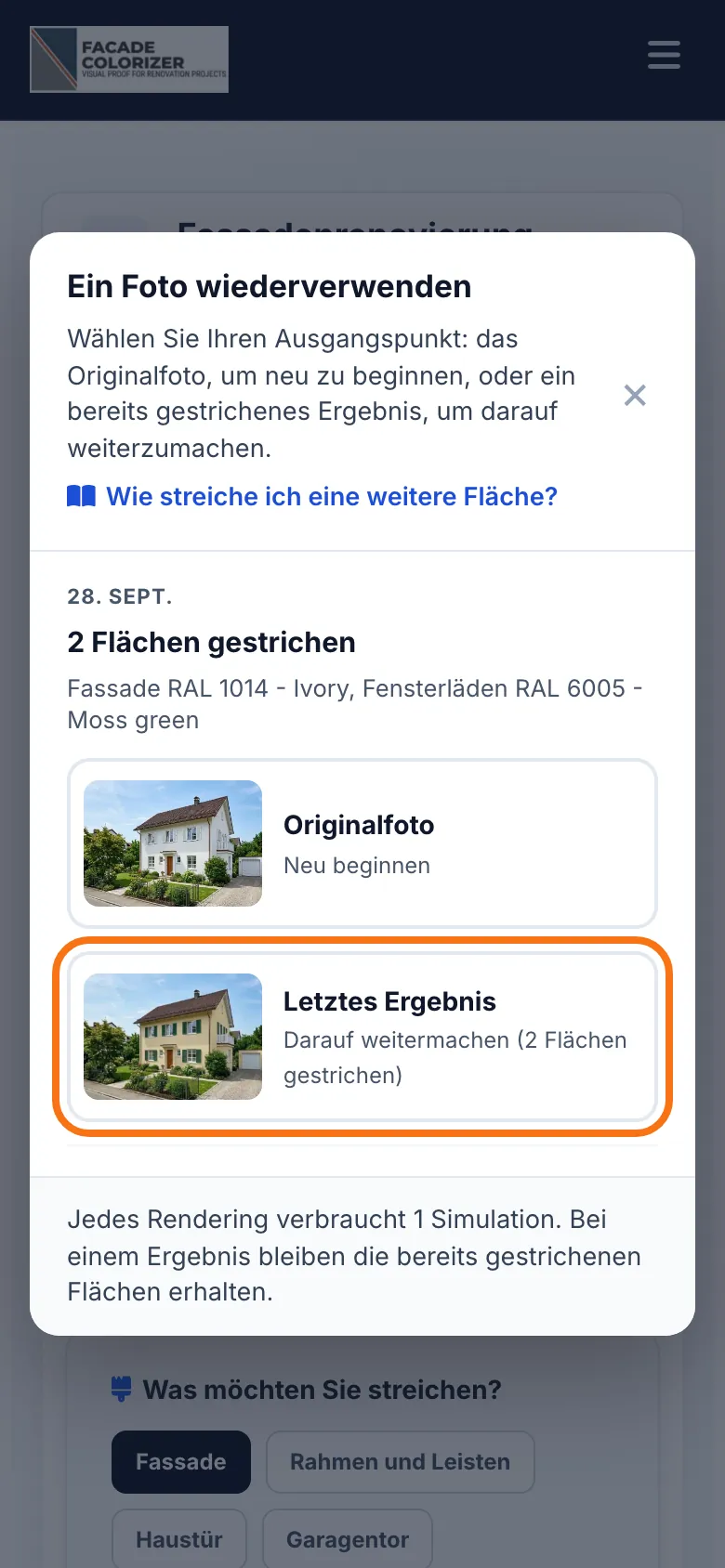Das Fenster mit „Originalfoto“ und „Letztes Ergebnis“