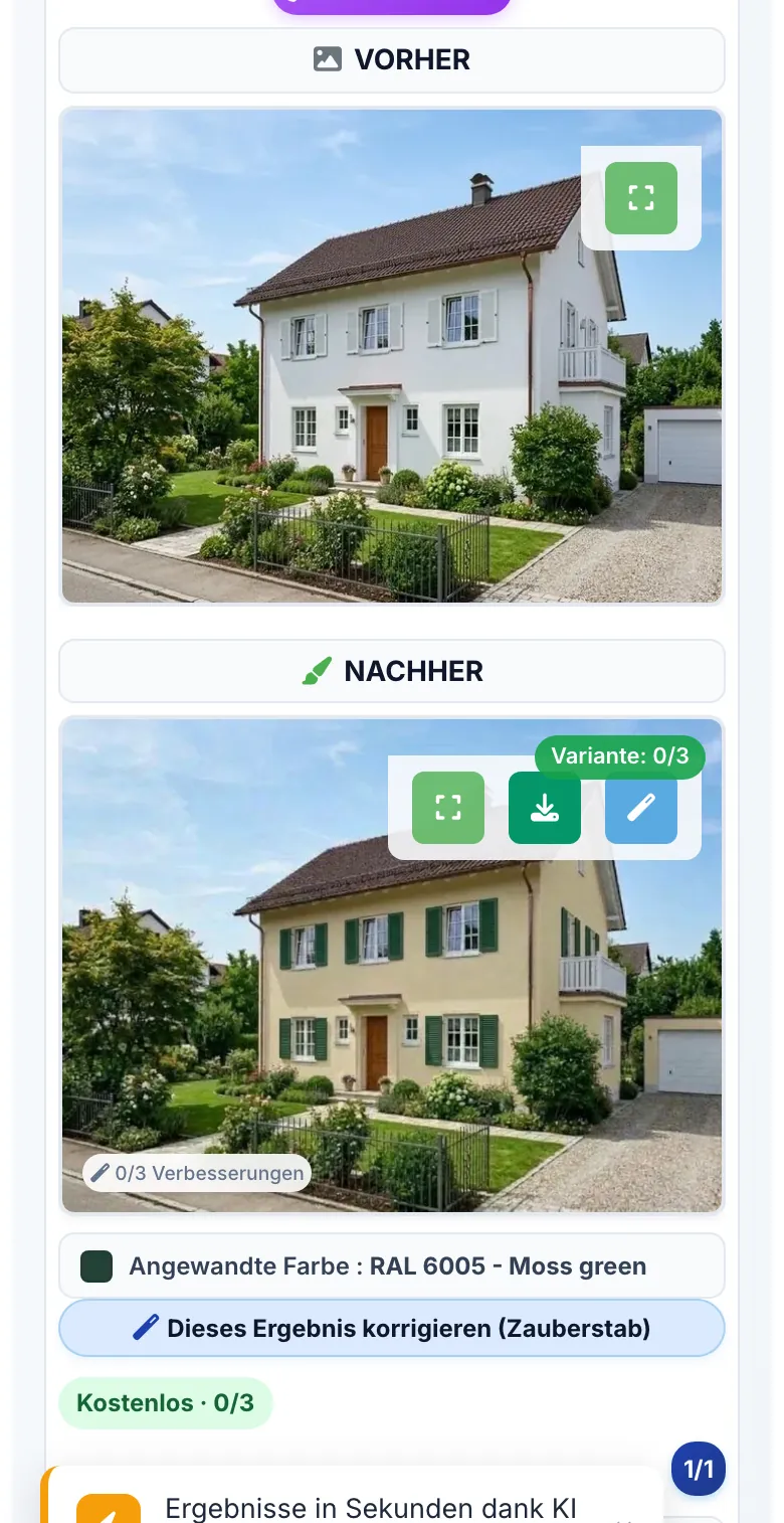 Das Haus mit gestrichener Fassade und Fensterläden