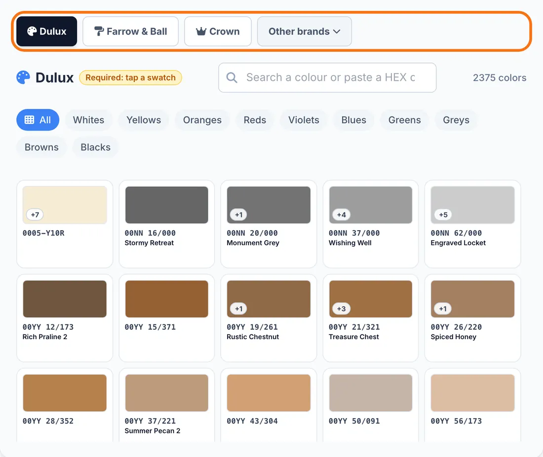 The brand tabs, the search box and the grid of shades