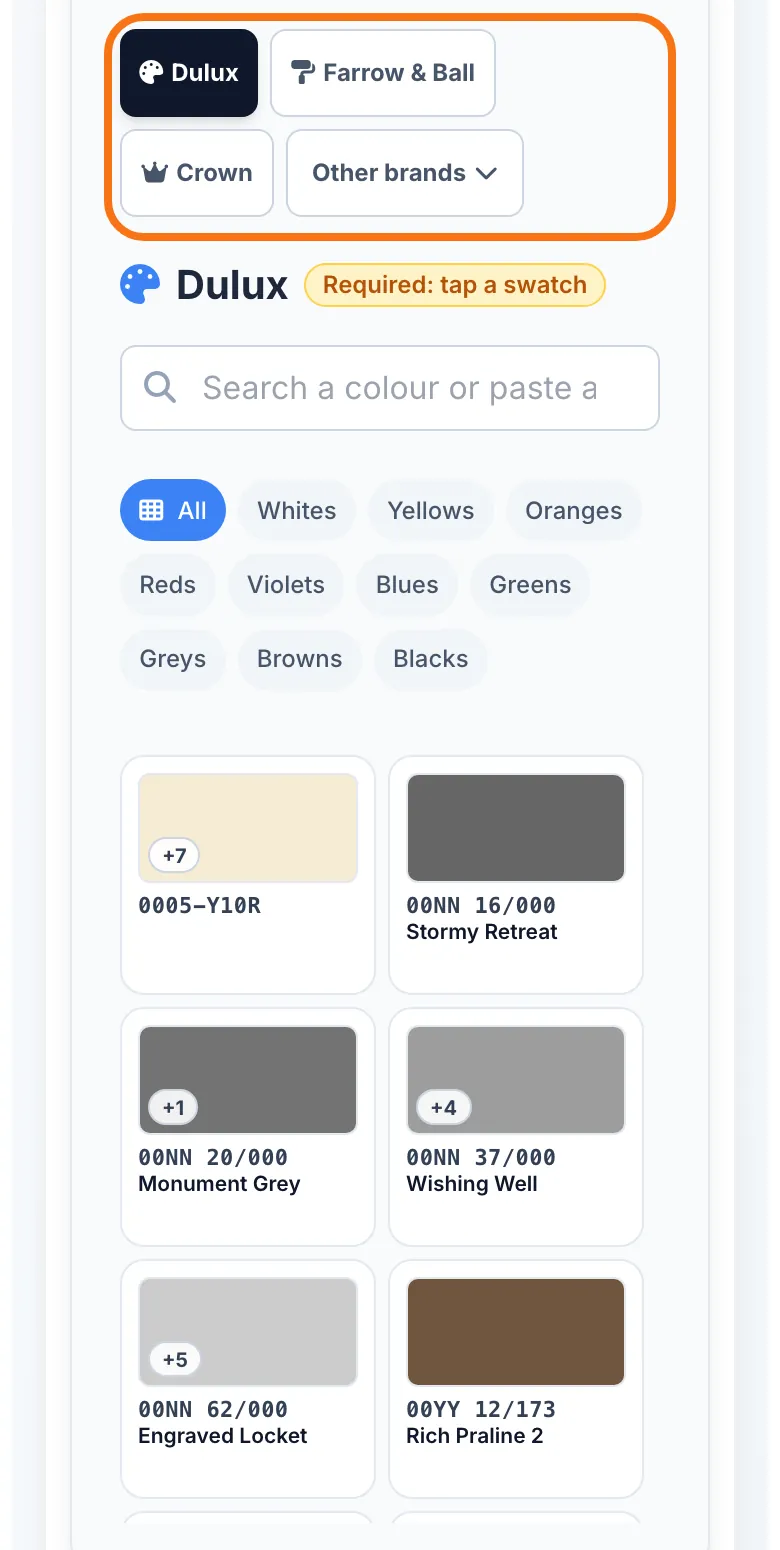 The brand tabs, the search box and the grid of shades