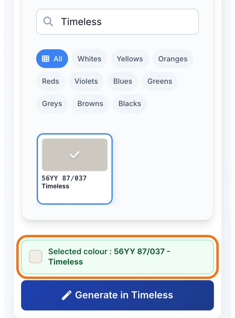The shade you clicked, shown in “Selected colour”