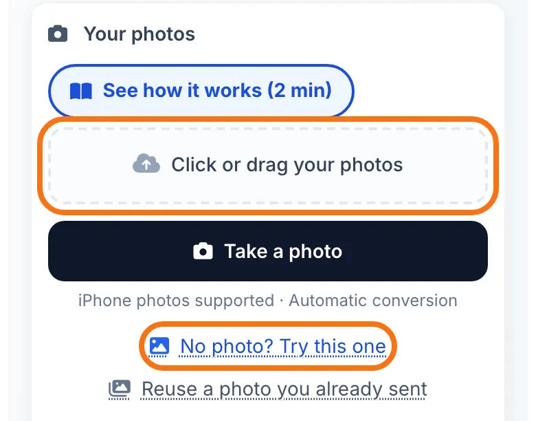 The “Click or drag your photos” area and the sample photo button