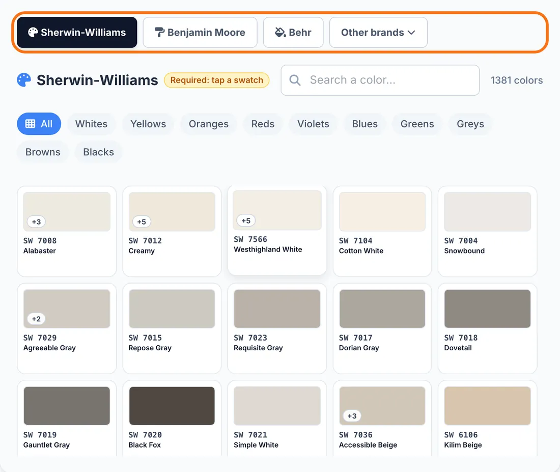 The brand tabs, the search box and the grid of shades