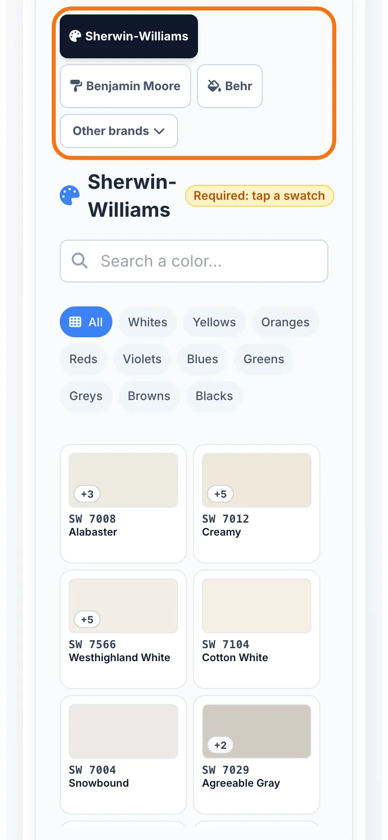 The brand tabs, the search box and the grid of shades