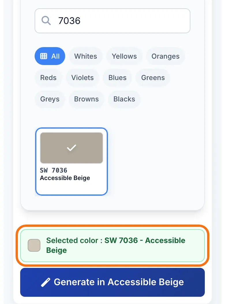 The shade you clicked, shown in “Selected color”
