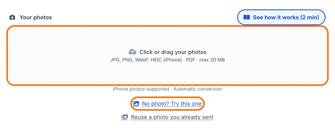 The “Click or drag your photos” area and the sample photo button