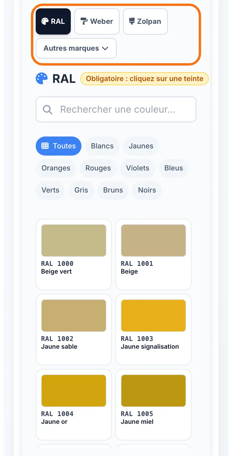 Les onglets de marques, la recherche et la grille de teintes