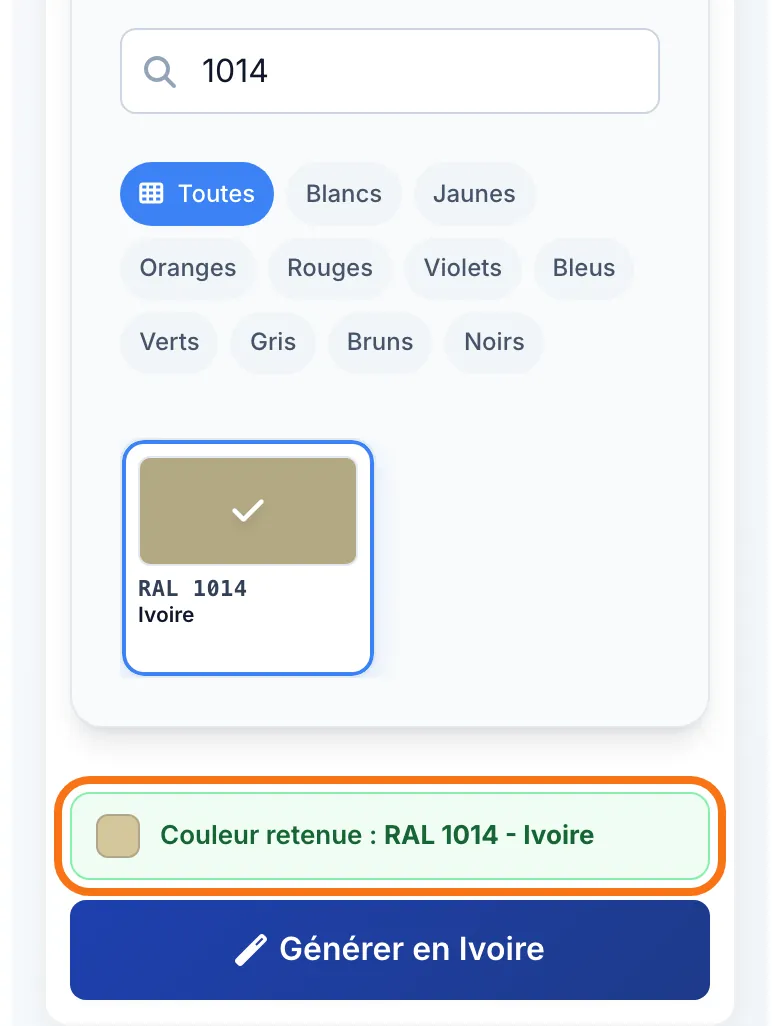 La teinte cliquée, rappelée dans « Couleur retenue »