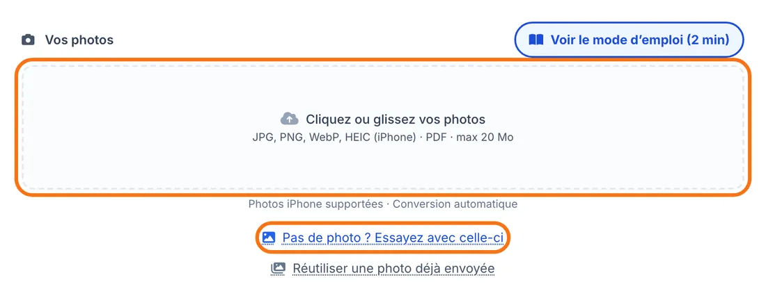 La zone « Cliquez ou glissez vos photos » et le bouton d’exemple