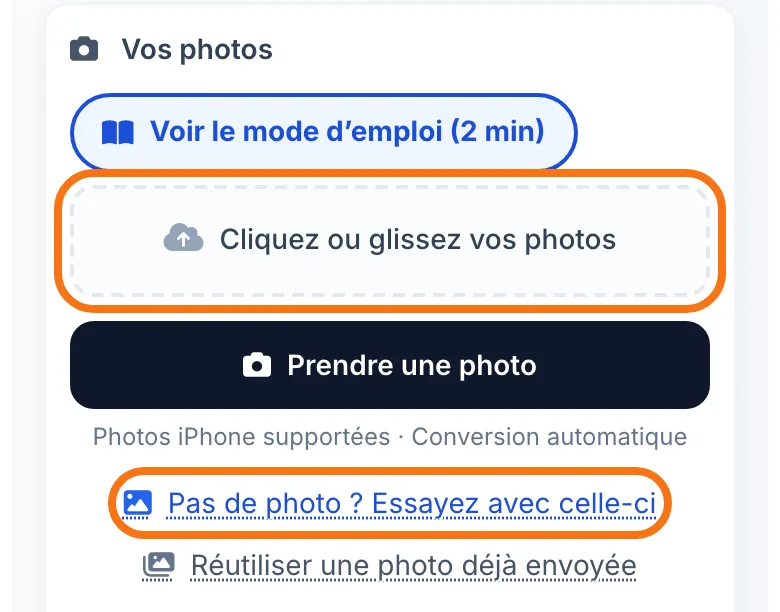 La zone « Cliquez ou glissez vos photos » et le bouton d’exemple