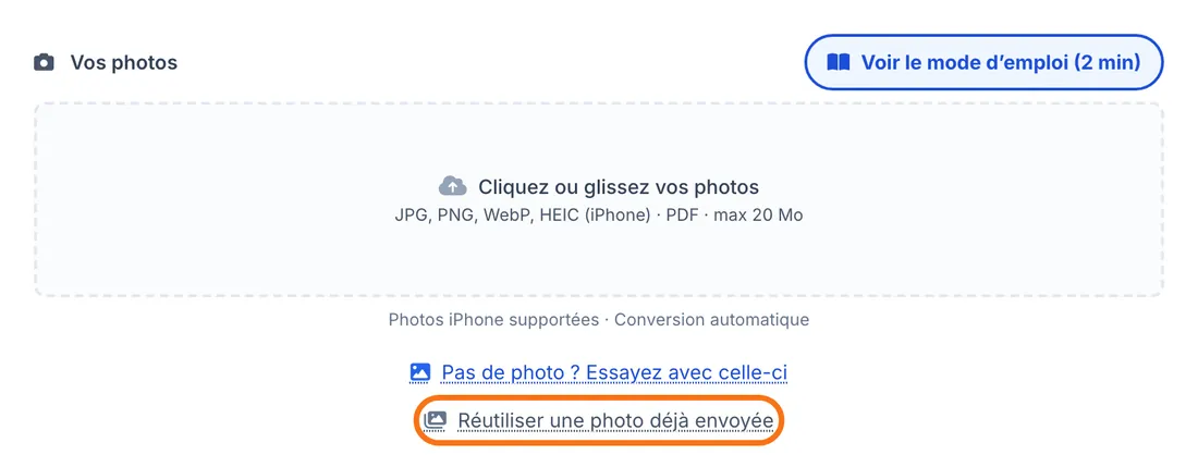 Le bouton « Réutiliser une photo déjà envoyée »