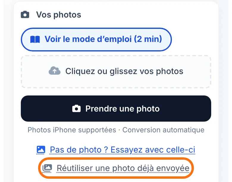 Le bouton « Réutiliser une photo déjà envoyée »