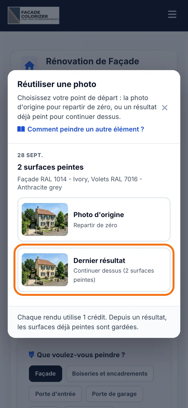 La fenêtre avec « Photo d’origine » et « Dernier résultat »