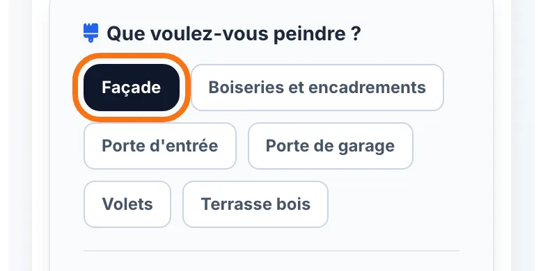 Le choix « Que voulez-vous peindre ? » avec Façade sélectionnée